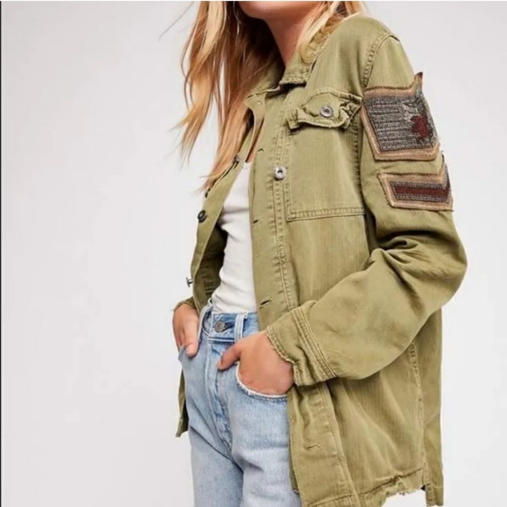Free People Military Shirt wirh Beaded Eagle Sleeve Size XS